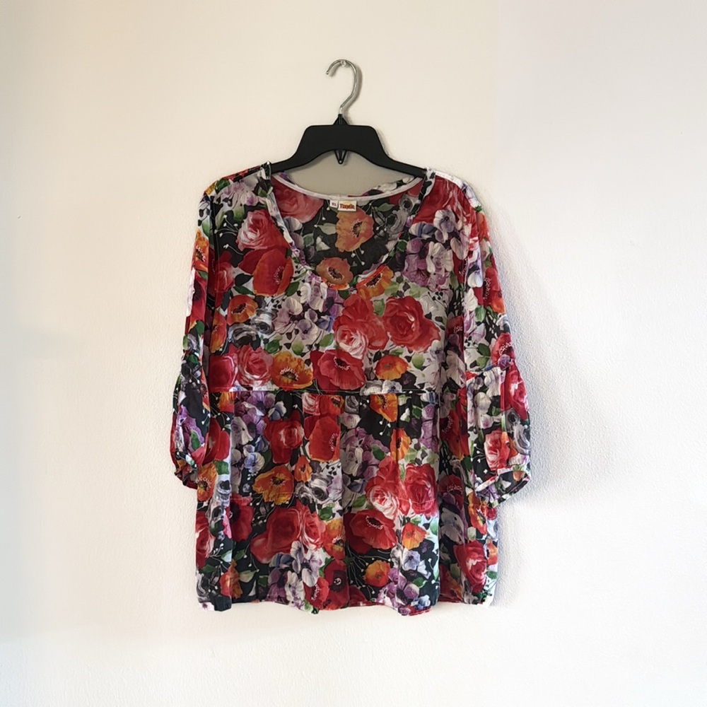 🌿Final Sale Tianello Red and Purple Floral Blouse - Picture 3 of 7